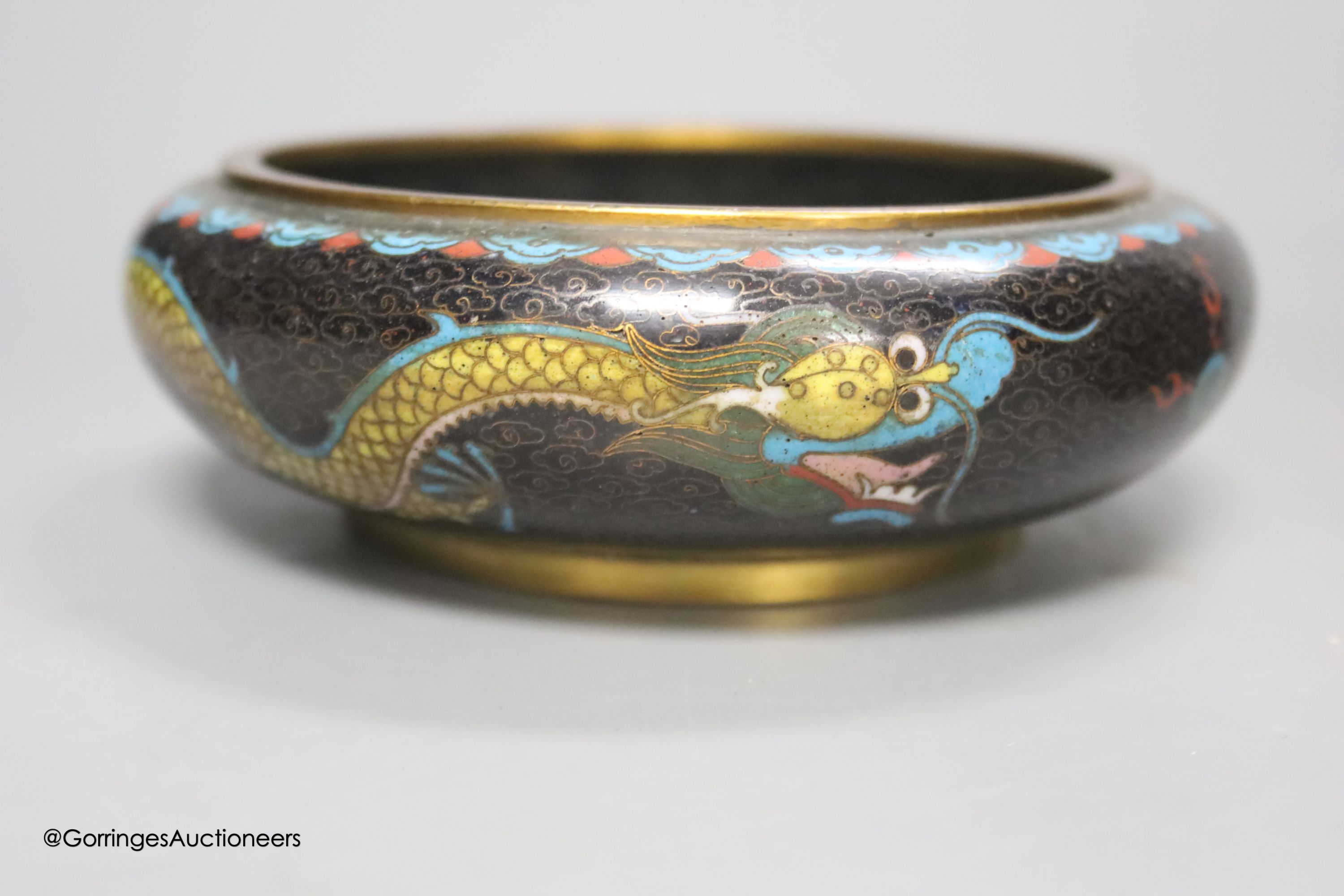 A 1920's Chinese cloisonne enamel 'dragon' bowl and a cinnabar lacquer box, 15 x 11 x 5cm